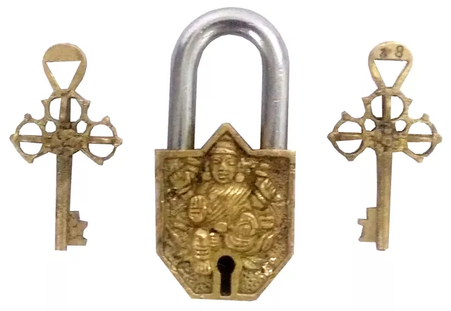 Brass Padlock Goddess Lakshmi: Vintage Design Small Safety Lock (11977)