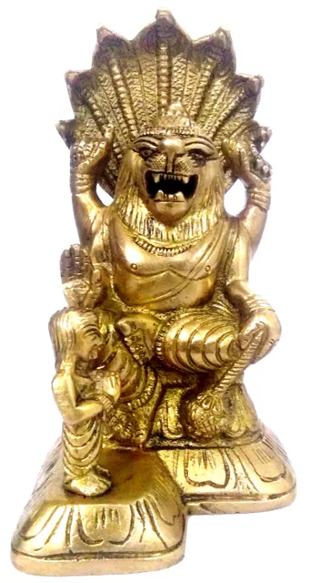Rare Brass Idol of Vishnu Avatar Narasimha and His Devotee Prahlad, Small Statue Crafted in Perfection By Indian Master Craftsmen(11985)