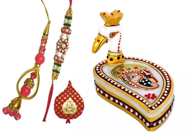 Rakhi Gift Set of 2 Designer Rakhis for Brother and Bhabhi with Marble Chopra Kumkum holder and Pack of Roli Chawal in Auspicious Red Paan Packing