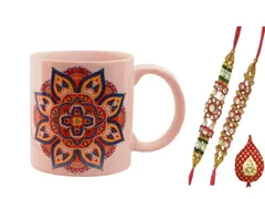 Rakhi Gift Set of 2 Designer Rakhis for Brother Mug with Ethnic Indian Design and Pack of Roli Chawal