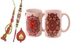 Rakhi Gift Set of 2 Designer Rakhis for Bhaiya & Bhabhi 2 Mugs for each with Ethnic Indian Designs and pack of Roli Chawal