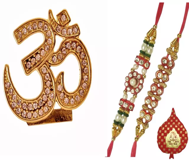 Rakhi Gift Set of 2 Designer Rakhis for Brother with Om Statue and Pack of Roli Chawal in Auspicious Red Paan Packing