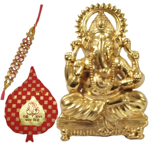 Rakhi Gift Set of 1 Designer Rakhi with Small Metal Statue of Ganesha 1 pack of Roli Tika