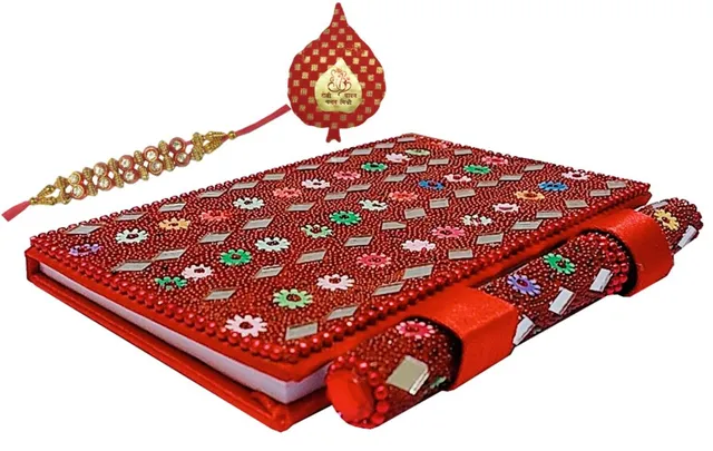 Rakhi Gift Set of 1 Designer Rakhi and Colorful Small Diary with Pen 1 pack of Roli Tika