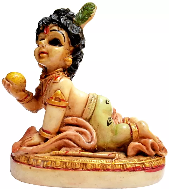 Stone Finish Idol Makhan Chor Krishna: Painted Resin Statue for Home Temple (12003)
