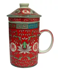 Porcelain Oriental Green Tea Mug, Infuser & Lid 'Holy Flower' (11723I)