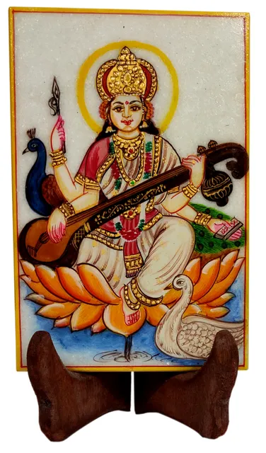 Marble Painting Saraswati: Hand Painted Tile with Gold Work, 6x4 Inches (12091)