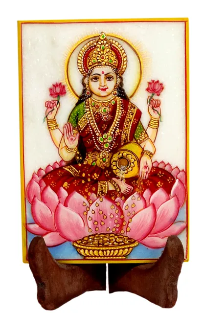 Marble Painting Lakshmi: Hand Painted Tile with Gold Work, 6x4 Inches (12090)