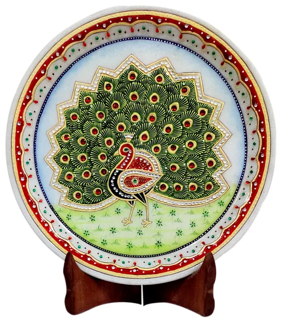 Marble Painting Pretty Peacock: Hand Painted Tile with Gold Work & Beads, 9x9 Inches (12095A)