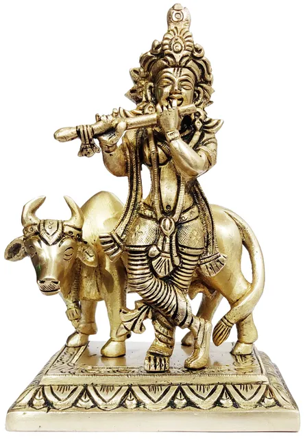 Brass Idol Lord Krishna & Kamdhenu Cow: Collectible Gold Finish Heavy Statue for Home Temple (12099)