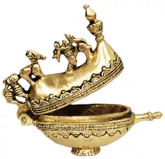 Brass Sindoor Box: Manu's Boat Design Temple Kumkum Holder (12101)