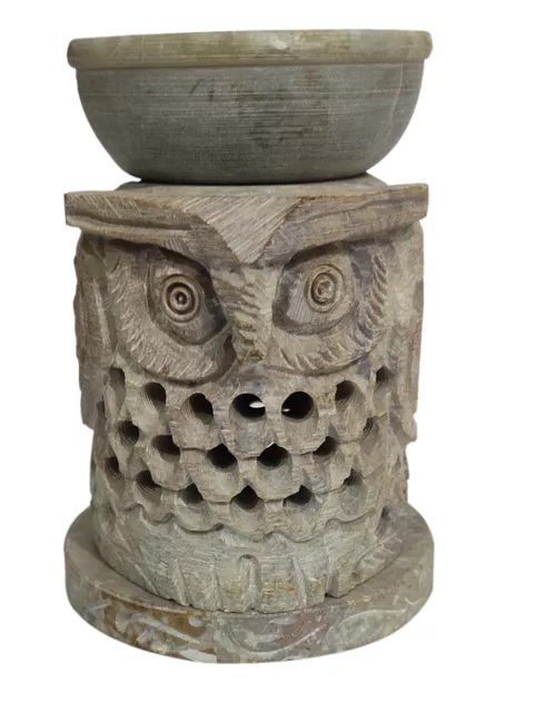 Soapstone Aroma Oil Diffuser and T Light Holder 'Night Owl': Lattice Design Jaali Work Mesh Sculpture (12116)