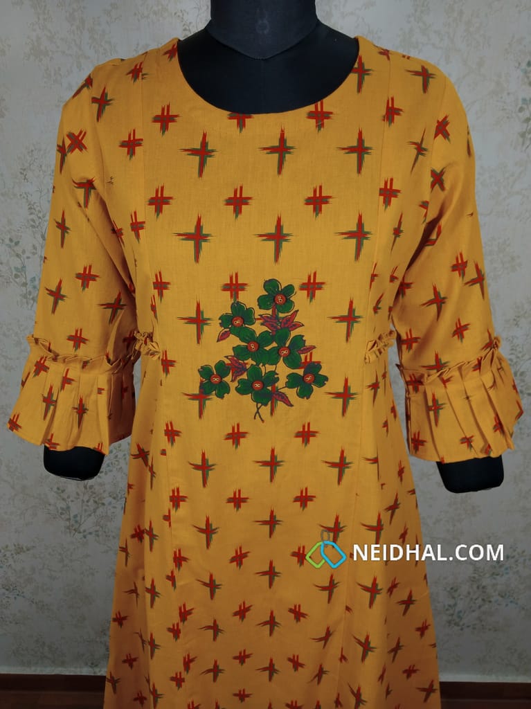 Designer Yellow Printed Cotton Kurti with Golden Prints, front placket(Refer Size chart, 2nd pic before ordering, No Refund, No Return, No exchange, No cancellation), Round Neck, Height - 47, 3/4 bell Sleeves, A line.