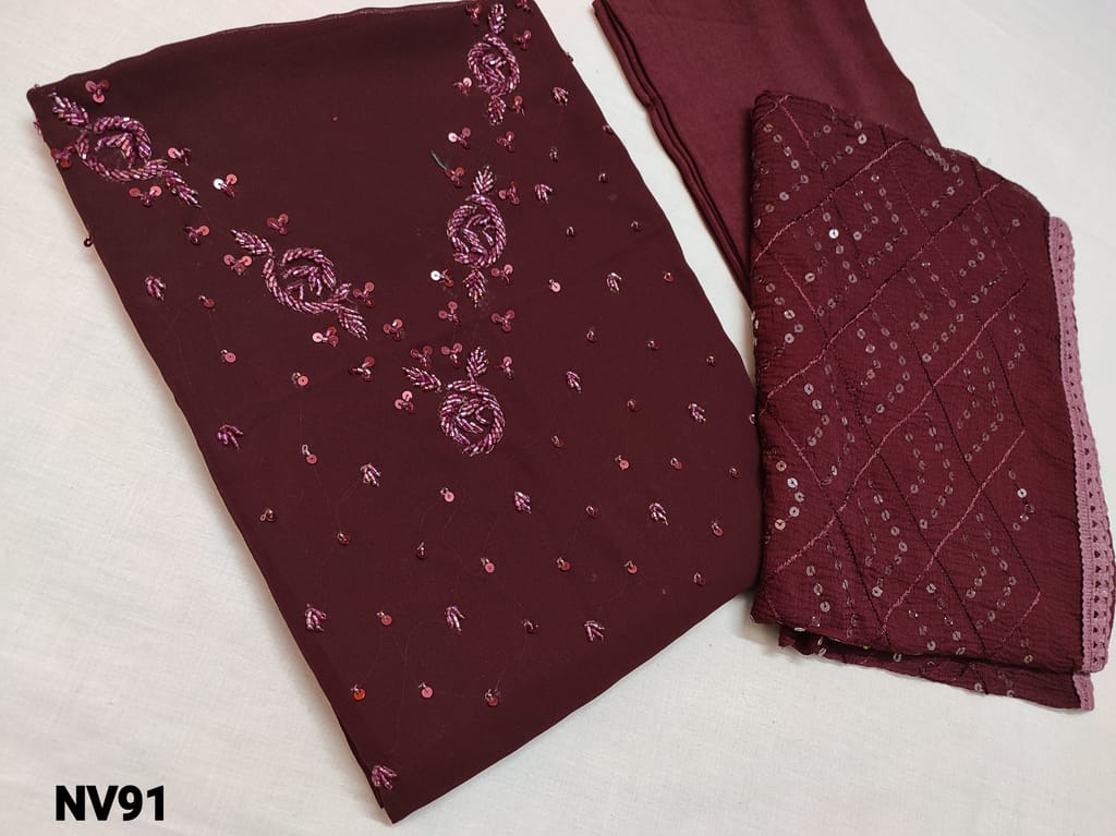 CODE NV91 : Designer Dark maroon Georgette Unstitched salwar material(thin flowy fabric, requires lining) with heavy cut bead, bead, sequins work on yoke, Santoon bottom, Chiffon dupatta with heavy Sequins and embroidery work and lace tappings