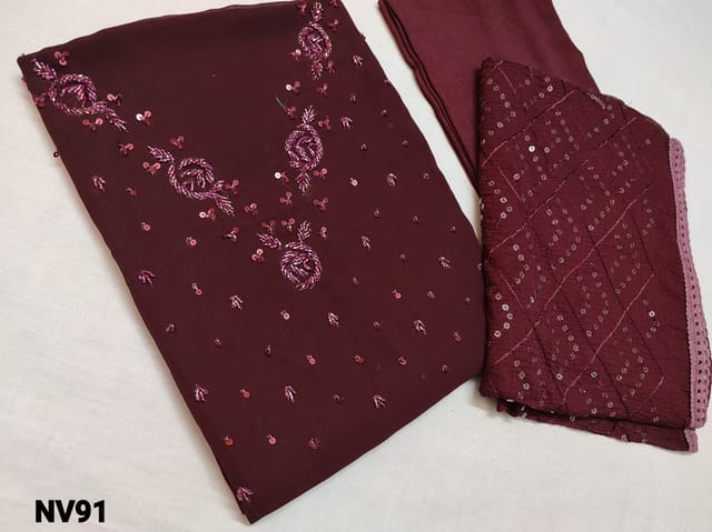 CODE NV91 : Designer Dark maroon Georgette Unstitched salwar material(thin flowy fabric, requires lining) with heavy cut bead, bead, sequins work on yoke, Santoon bottom, Chiffon dupatta with heavy Sequins and embroidery work and lace tappings