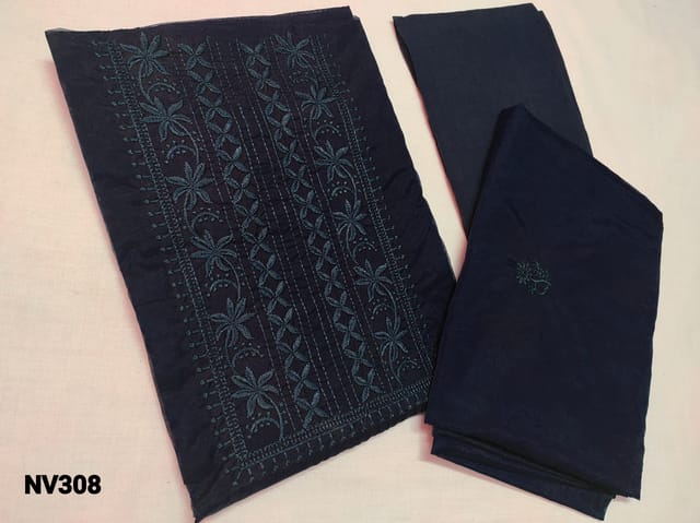 CODE NV308 : Dark Navy Blue Organza Unstitched Salwar material(thin fabric requires lining) with Heavy thread embroidery work on top, soft Santoon bottom, Organza dupatta with embroidery work