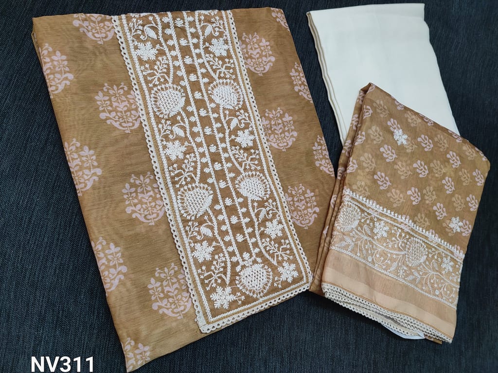 CODE NV311 : Designer Printed Dark Beige Silk cotton unstitched Salwar material(thin fabric requires lining) with Heavy thread work on yoke, Half white cotton bottom, Digital printed soft silk cotton dupatta with Embroidery work throughout with lace tapings