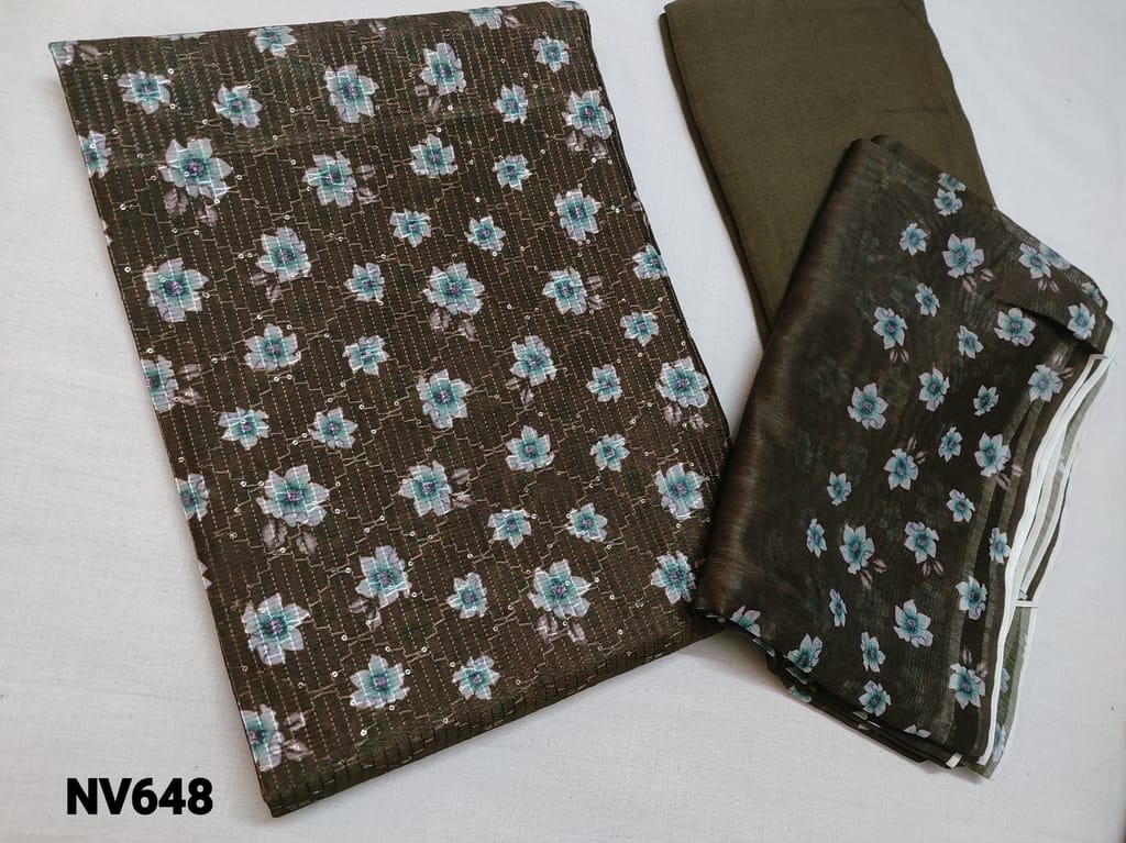 CODE NV648 :  Designer Dark Olive Green Silk cotton unstitched Salwar material(thin fabric requires lining) with Digital prints on yoke, Sequins weaving on front side, Santoon bottom, Digital printed Silk cotton dupatta