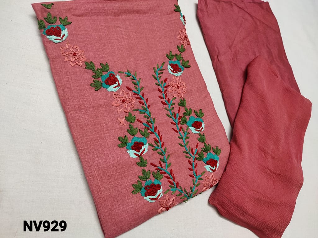 CODE NV929 : Designer Peachish Pink Spun Mix cotton Unstitched Salwar material(lining Optional) with Heavy thread work on yoke, Santoon Bottom, Chiffon dupatta