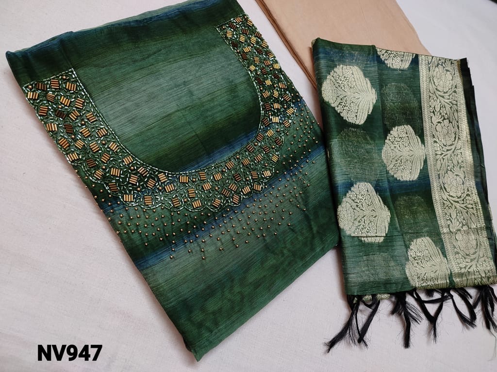 CODE  NV947 : Designer dark and light Green Shaded Silk Cotton unstitched salwar material(requires lining) With Heavy cut bead, sugar bead work on yoke , Beige Silk Cotton bottom,  Green shaded benaras woven Silk Cotton Dupatta with Tassels