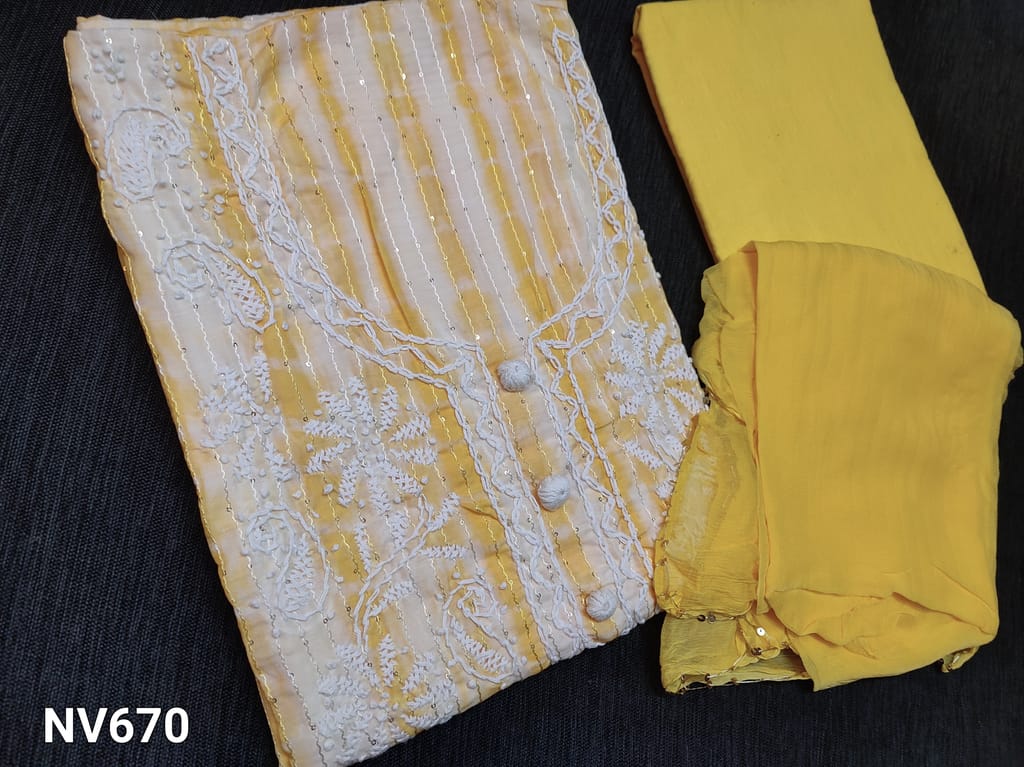 CODE NV670 : Designer Yellow Premium Cotton Unstitched Salwar material(thin fabric requires lining) with Pure Shibori dyed prints, Heavy chigankari work on yoke and front portion, lace daman, Thin Yellow fabric is provided can be used as lining or bottom if comfortable with thin fabric, Pure chiffon dupatta with sequins taping
