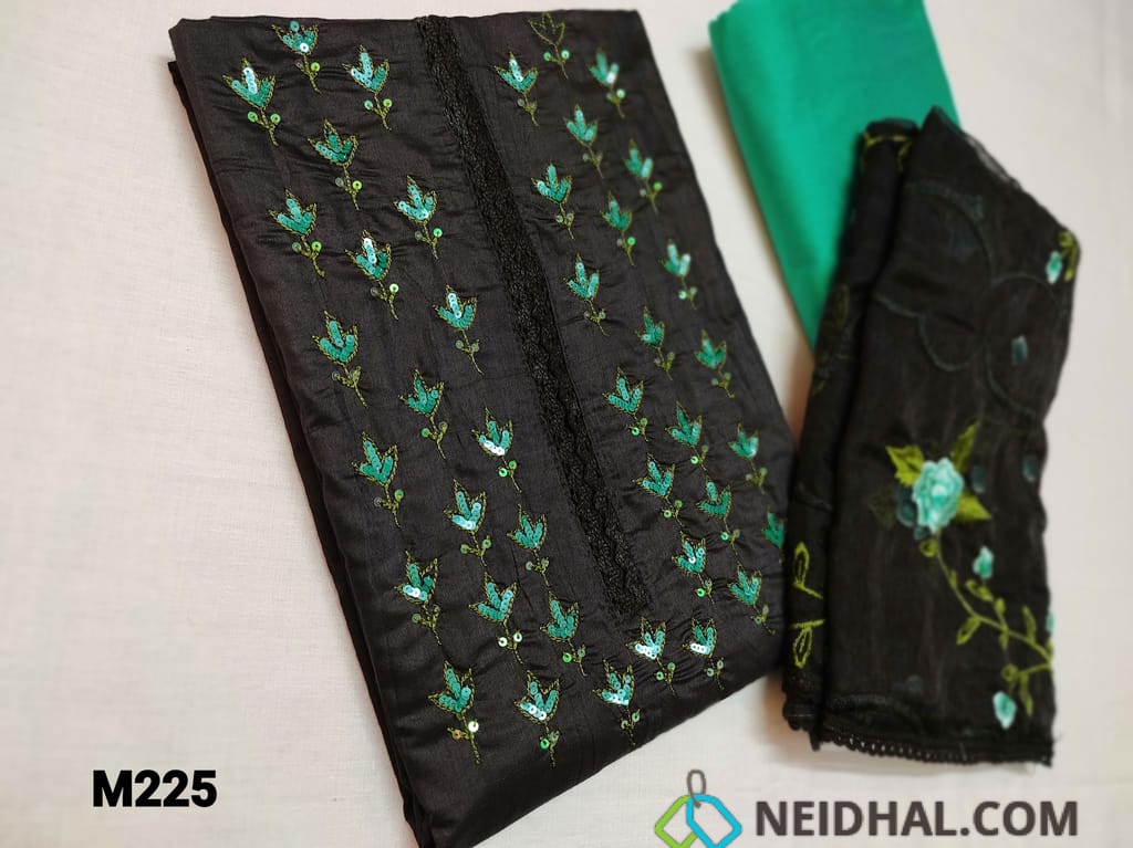 CODE M225 : Designer Black Silk Cotton unstitched Salwar material( shiny thin fabric, requires lining) with heavy thread and sequins work and lace work on yoke, Daman piping, Turquoise Green Silk cotton bottom, Black Organza dupatta(thin fabric) with heavy floral embroidery work and tapings