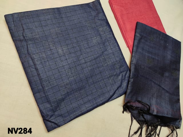 CODE NV284 : Navy Blue Bhagalpuri Silk Cotton unstitched salwar material(thin and coarse fabric, Requires lining) with weaving patterns on front and back side, Pink Bhagalpuri silk cotton bottom, Bhagalpuri silk cotton dupatta with weaving patterns and  tassels(Taping needs to be stitched)