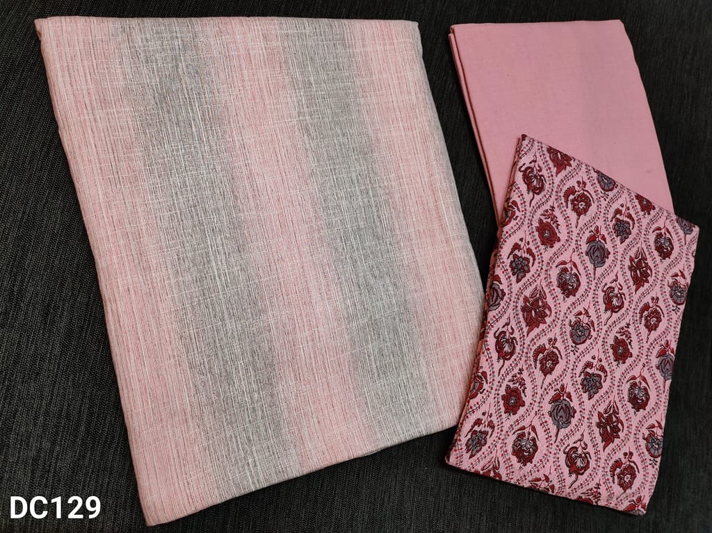 CODE Dc129 :  Premium Pink and Grey soft Spun Silk Cotton unstitched Salwar material(flowy fabric lining Optional), Pink drum dyed fabric can be used as lining or bottom, Printed Jaquard Fancy silk cotton dupatta(Taping required)