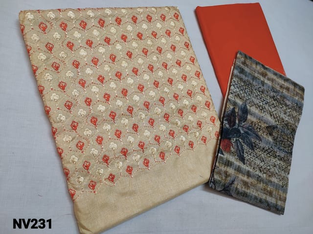 CODE NV231 : Light Yellowish Beige Silk cotton unstitched Salwar material(thin textured coarse fabric requires lining) with Heavy thread embroidery work on yoke, Orange cotton bottom, digital printed Kota Silk cotton dupatta (Coarse and thin fabric)