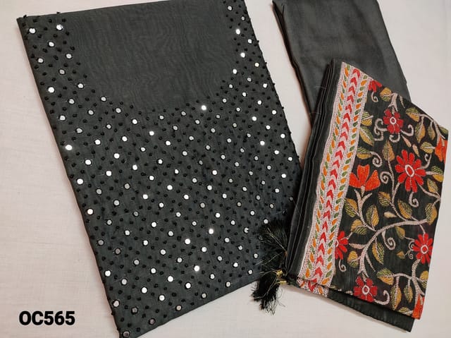 CODE OC565 : Designer Greyish Black Silk Cotton unstitched Salwar material(thin fabric requires lining) with French knot and hard faux mirror work on yoke, Santoon or silk cotton bottom, Digital printed Silk cotton dupatta with fancy tassels