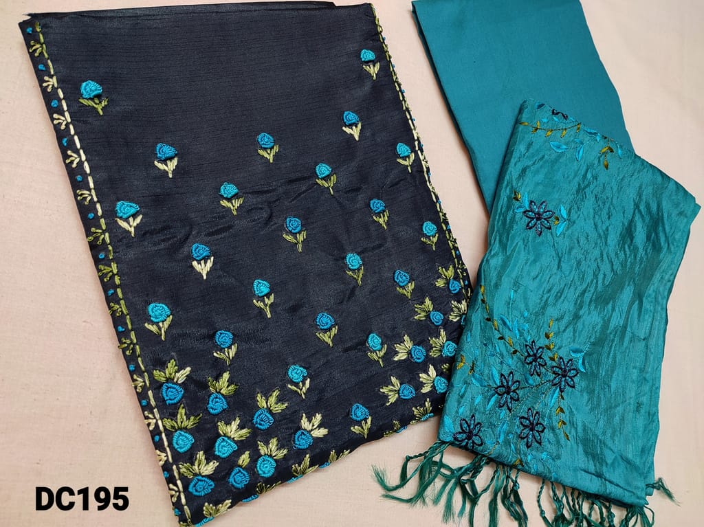 CODE DC195 : Dark Blue Fancy Silk Cotton unstitched Salwar material(lining required) with Embroidery work on yoke, Plain back, Light Blue Silk Cotton bottom, Light Blue Fancy Silk Cotton Dupatta with embroidery work and Tassels.