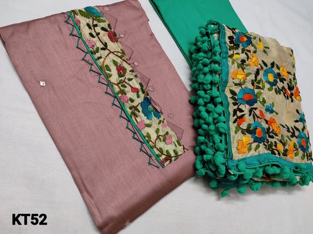 CODE KT52 : Designer Sober Pink Satin Cotton unstitched salwar material(requires lining) with Kantha patch work (Design on yoke and its color will vary from piece to piece) on yoke, contrast piping in daman, Green cotton bottom, kantha work on kalamkari printed Golden Beige silk cotton dupatta with pom pom tapings (colour of embroidery and print might vary for each set)