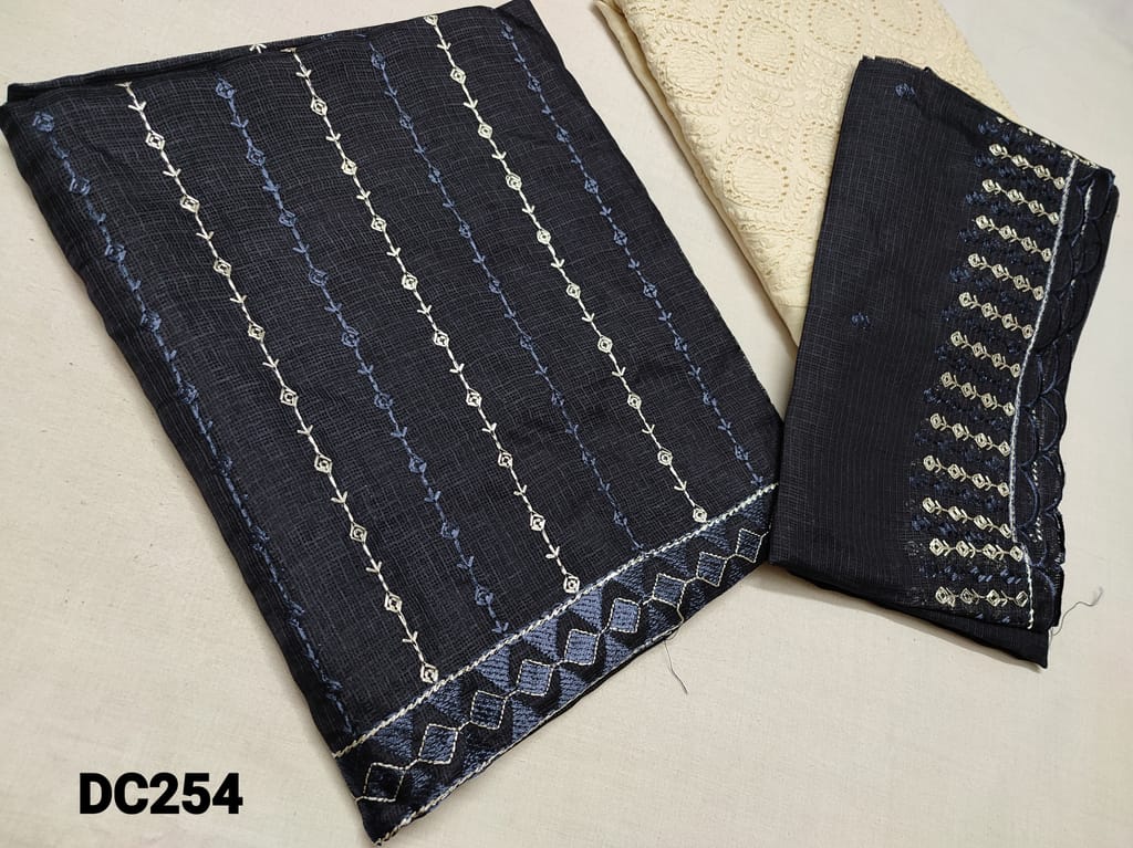 CODE DC254 : Dark Navy Blue Kota Silk Cotton unstitched Salwar material(Netted thin fabric requires lining) with Thread embroidery work on front side, Daman Embroidery work, Cut and embroidery work on khadi cotton bottom, Thread embroidery work on Kota Silk Cotton Short Width dupatta with cut work taping
