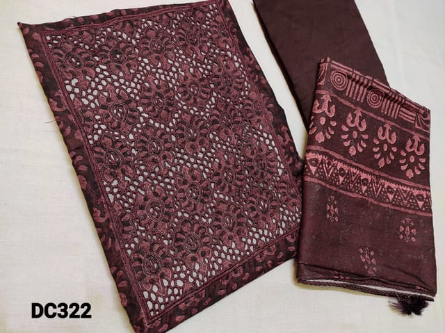 CODE DC322 : Deep Maroon Digital Printed Soft Silk Cotton unstitched salwar material(lining optional) with cut work and thread work on yoke, deep maroon silk cotton bottom, Digital Printed Soft Silk Cotton Dupatta with tapings