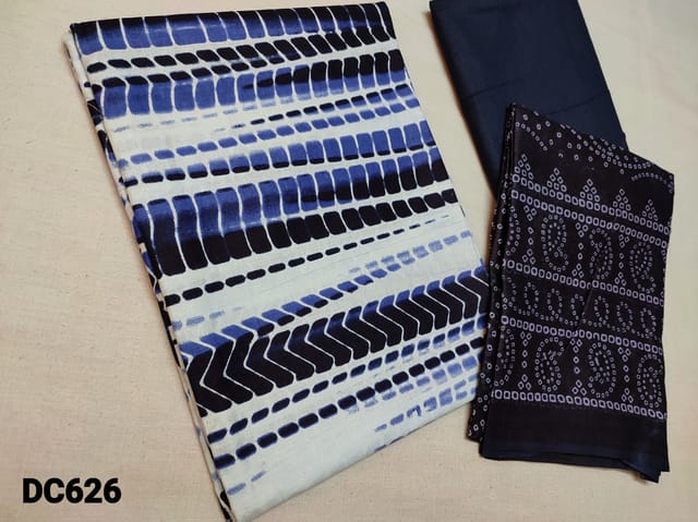 CODE DC626 : White base Soft Cotton Shibori printed Unstitched Salwar material(lining required) with navy blue cotton bottom, printed mul cotton dupatta(Taping needs to be stitched)