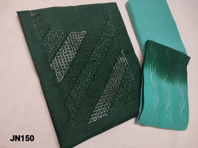 CODE JN150 : Designer Green Silk Cotton unstitched Salwar material(Light coarse fabric requires lining) with heavy Pearl bead, cut bead work on yoke, Blue Silk cotton bottom, Heavy thread work on chiffon dupatta with lace tapings