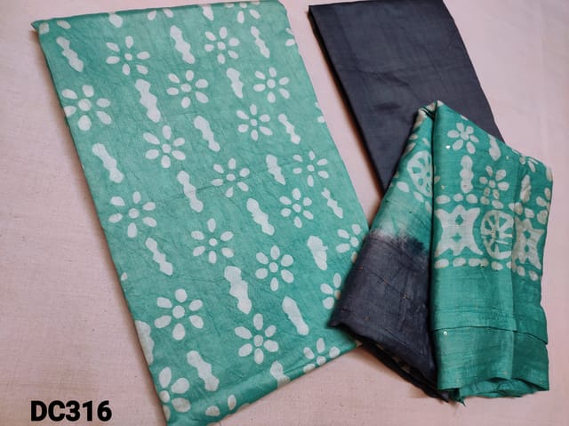 CODE DC316 : Pure Wax Batik Dye Patterns on Light Turquoise Blue Soft Silk cotton unstitched Salwar material(soft and thin fabric requires lining), Blueish grey Silk Cotton or santoon bottom, batik dye patterns on soft silk cotton dupatta with sequins weaving work(Taping needs to be stitched)