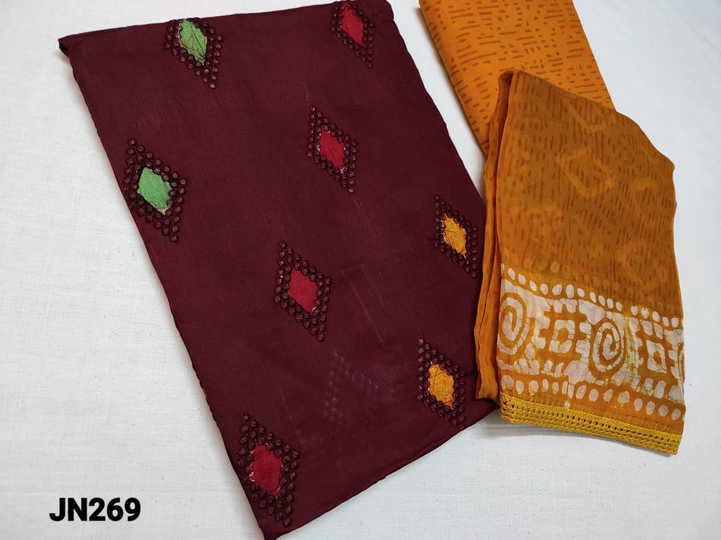 CODE JN269 : Designer Dark Maroon Cotton unstitched Salwar material(lining optional) with heavy embroidery work on front side, colorful dyed patterns, printed Cotton bottom, printed Chiffon dupatta with lace tapings