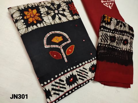 CODE JN301 : Designer Black Satin Cotton Unstitched Salwar material(requires lining) with beautiful batik prints, faux mirror work, thread embroidery work on front side, Wax dyed Maroon cotton bottom, wax batik dyed Pure chiffon dupatta (Taping needs to be stitched)