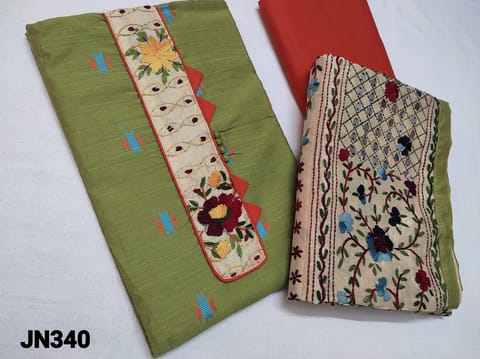 CODE JN340 : Designer Green Silk Cotton unstitched salwar material(requires lining) with Kantha patch work (Design on yoke and its color will vary from piece to piece) on yoke, thread weaving pattern, daman patch, Brick Red cotton bottom, hand kantha work on fancy silk cotton dupatta with tapings (colour of embroidery,tapings and  design might vary for each set)