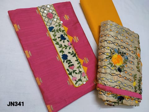 CODE JN341 : Designer Dark Pink Silk Cotton unstitched salwar material(requires lining) with Kantha patch work (Design on yoke and its color will vary from piece to piece) on yoke, thread weaving pattern, daman patch, Yellow cotton bottom, hand kantha work on fancy silk cotton dupatta with tapings (colour of embroidery,tapings and  design might vary for each set)