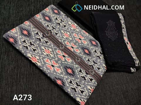 CODE A273 : Grey Ikkat printed Modal Fabric unstitched Salwar material, with yoke patch, metal tassels, daman patch, Black cotton bottom, Black chiffon dupatta with bock prints
