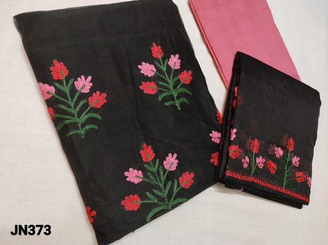 CODE JN373 : Designer Black Super net Silk cotton unstitched Salwar material(netted, thin fabric requires lining) with Thread embroidery work on lower portion of top, Peachish Pink silk cotton bottom, Heavy thread embroidery work on super net silk cotton dupatta