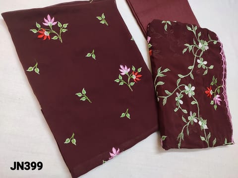 CODE JN399 : Designer Maroon Georgette Unstitched Salwar material(Thin flowy fabric requires lining) with Beautiful Embroidery work on front side, plain back, silk cotton or santoon bottom, Heavy Thread embroidery work on Georgette dupatta with cut work tapings