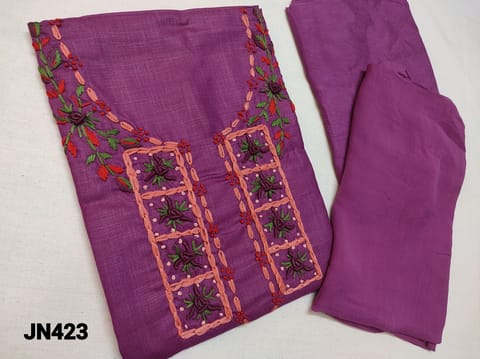 CODEJN423:purple soft spun silk cotton unstitched salwar material (lining optional) embroidery work on yoke ,matching santoon bottom ,matching chiffon dupatta