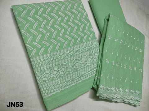 CODE JN53 : Premium Green Cotton unstitched Salwar material(thin fabric requires lining) with Heavy Chigan embroidery work on front side, cotton bottom, chigan embroidery work on cotton dupatta(Taping needs to be stitched)
