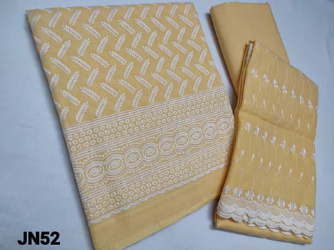 CODE JN52 : Premium Yellow Cotton unstitched Salwar material(thin fabric requires lining) with Heavy Chigan embroidery work on front side, cotton bottom, chigan embroidery work on cotton dupatta(Taping needs to be stitched)