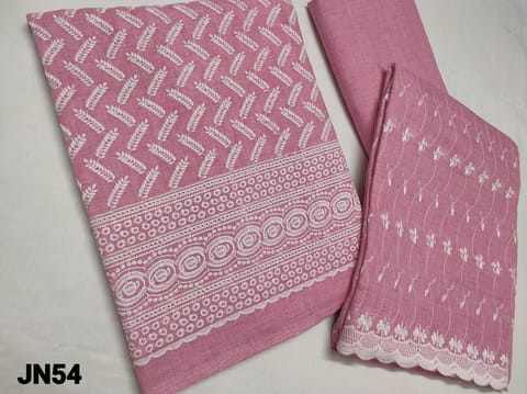 CODE JN54 : Premium Pink Cotton unstitched Salwar material(thin fabric requires lining) with Heavy Chigan embroidery work on front side, cotton bottom, chigan embroidery work on cotton dupatta(Taping needs to be stitched)