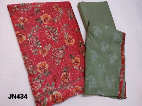 CODE JN434 : Reddish pink digital printed silk cotton unstitched dress material(lining needed)thread and sequence work on front side,cement green cotton bottom,embossed foil prints on chiffon dupatta with tapings