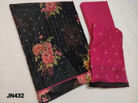 CODE JN432 :Black digital printed silk cotton unstitched dress material(lining needed)thread and sequence work on front side,dark pink cotton bottom,embossed foil prints on chiffon dupatta with tapings